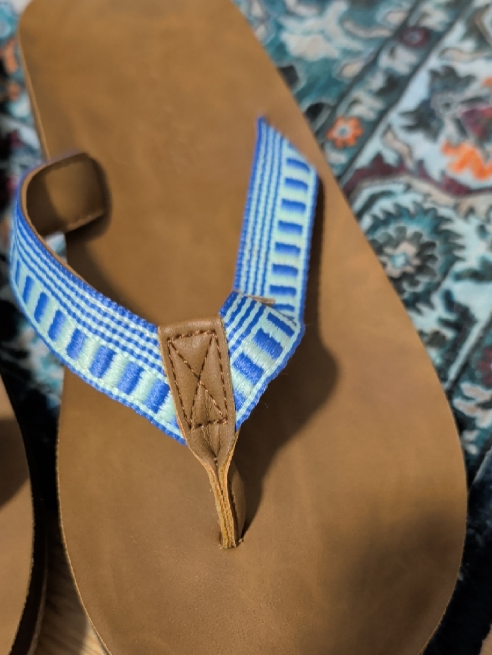 9. Feelgoodz Brown Leather Flip Flops with Blue Patterned Straps - Picture 4 of 8